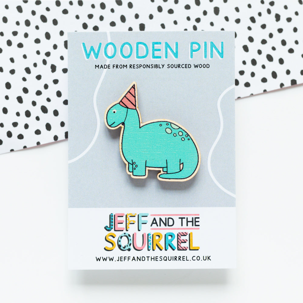 Party Dinosaur Wooden Pin Badge