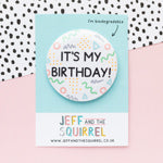 Biodegradable and compostable birthday badge with memphis style pattern