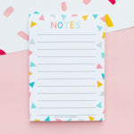 Recycled A6 size notepad with colourful triangle pattern for note taking
