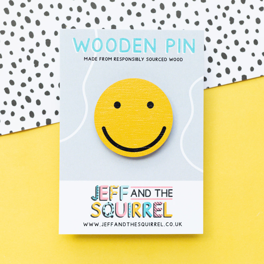 Smiley Face Wooden Pin Badge