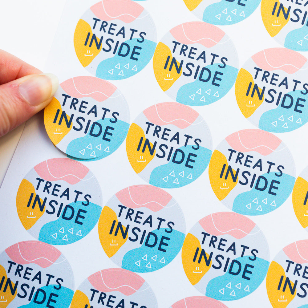 Colourful eco friendly stickers with the words treats inside