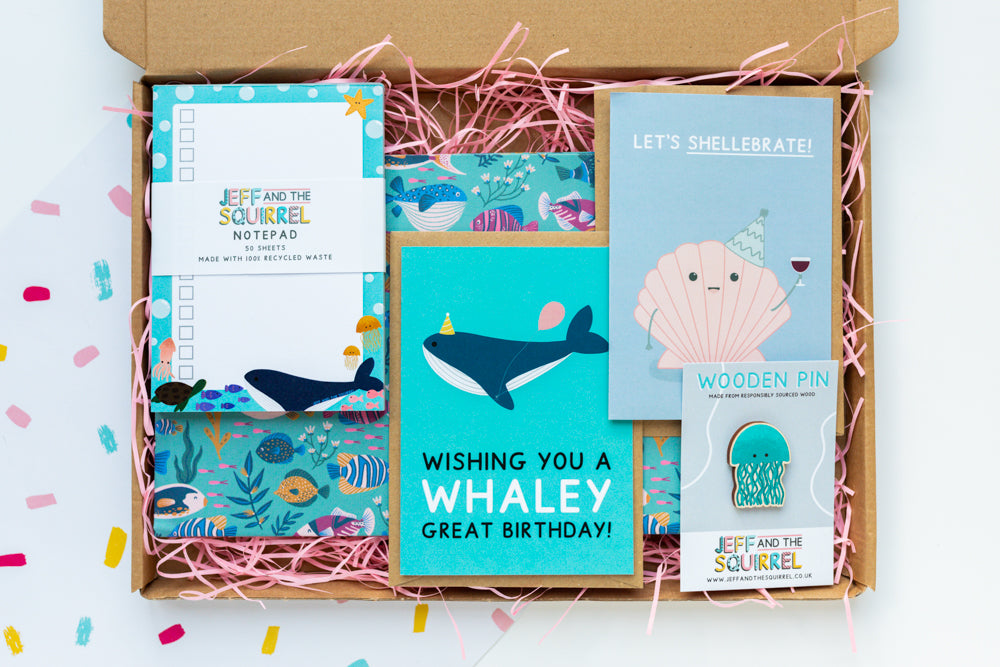 Ocean themed gift box with a selection of sustainable stationery by Jeff and the Squirrel
